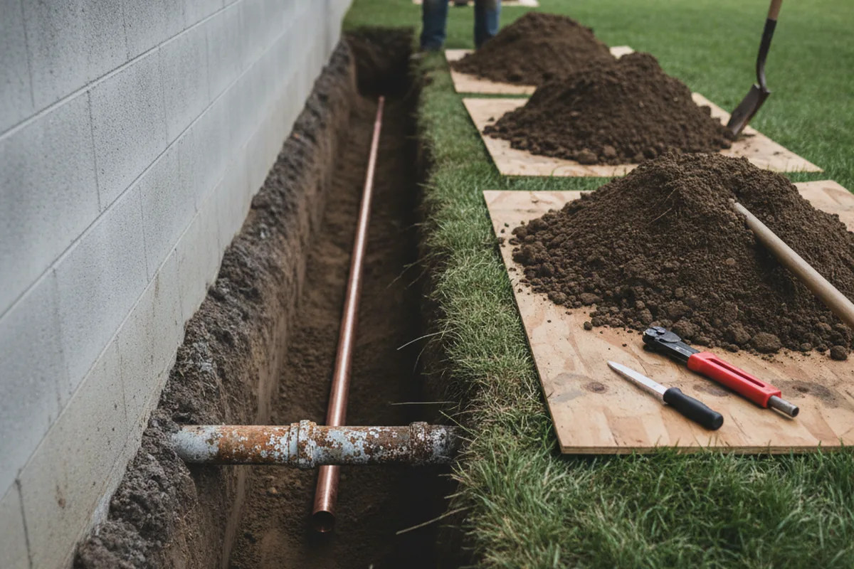 Excavated water line trench during Water Heater Repair in Alamance